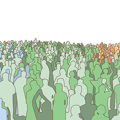 Illustration of large mass of people from wide angle in color